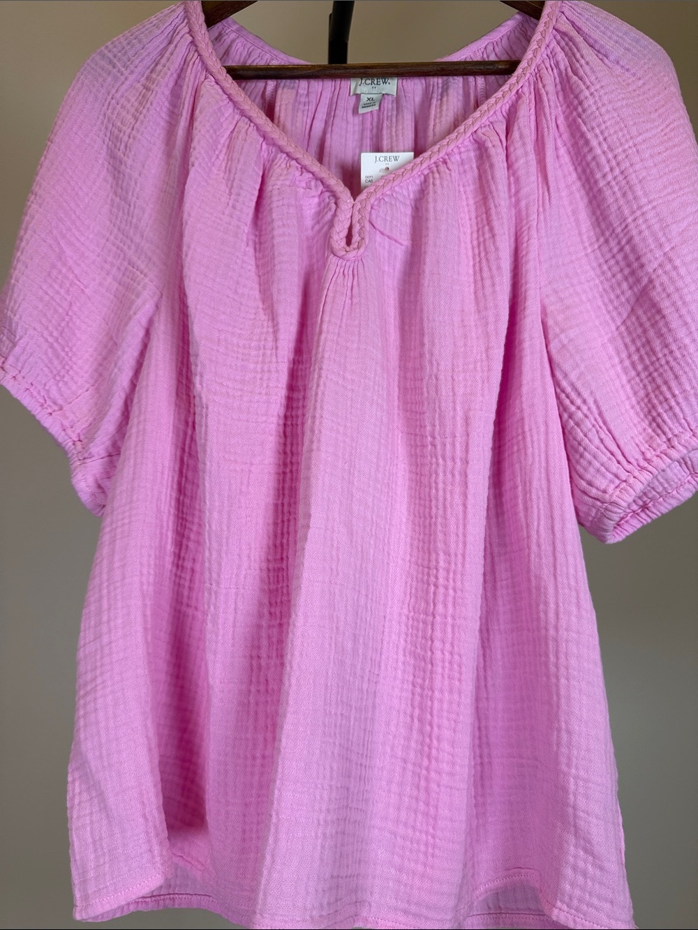 J. Crew Factory Pink Cotton Gauze Puff Sleeve Braided Neck Top | Size XL - Picture 5 of 8